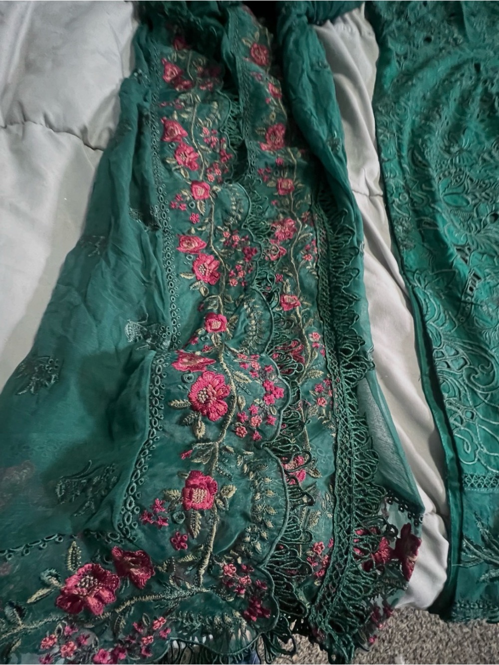Embroidered Emerald Green Traditional Dress with Floral Scarf - Picture 2 of 7
